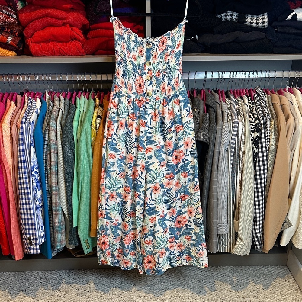 Blue Island white/blue/pink floral strapless smocked 2 pocket jumpsuit size L